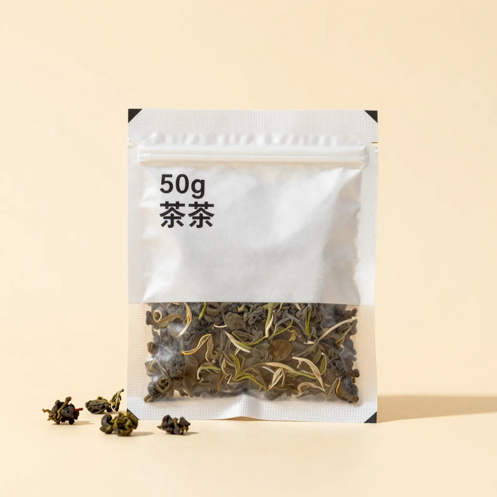 A 50g pouch of oolong tea on a light background
