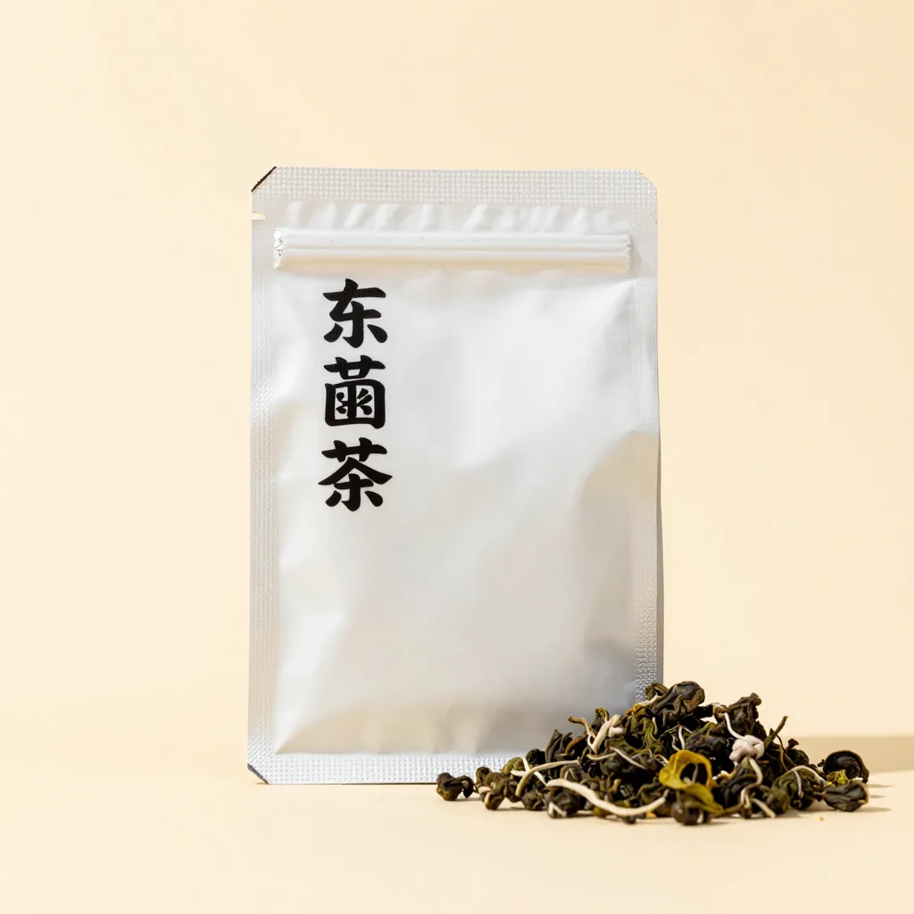 A 100g pouch of oolong tea on a light background