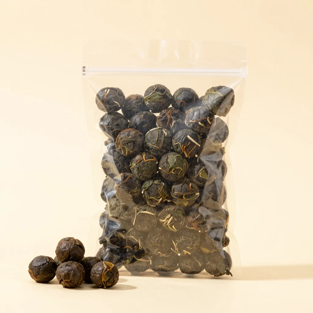 A pouch of rolled oolong tea pearls on a light background