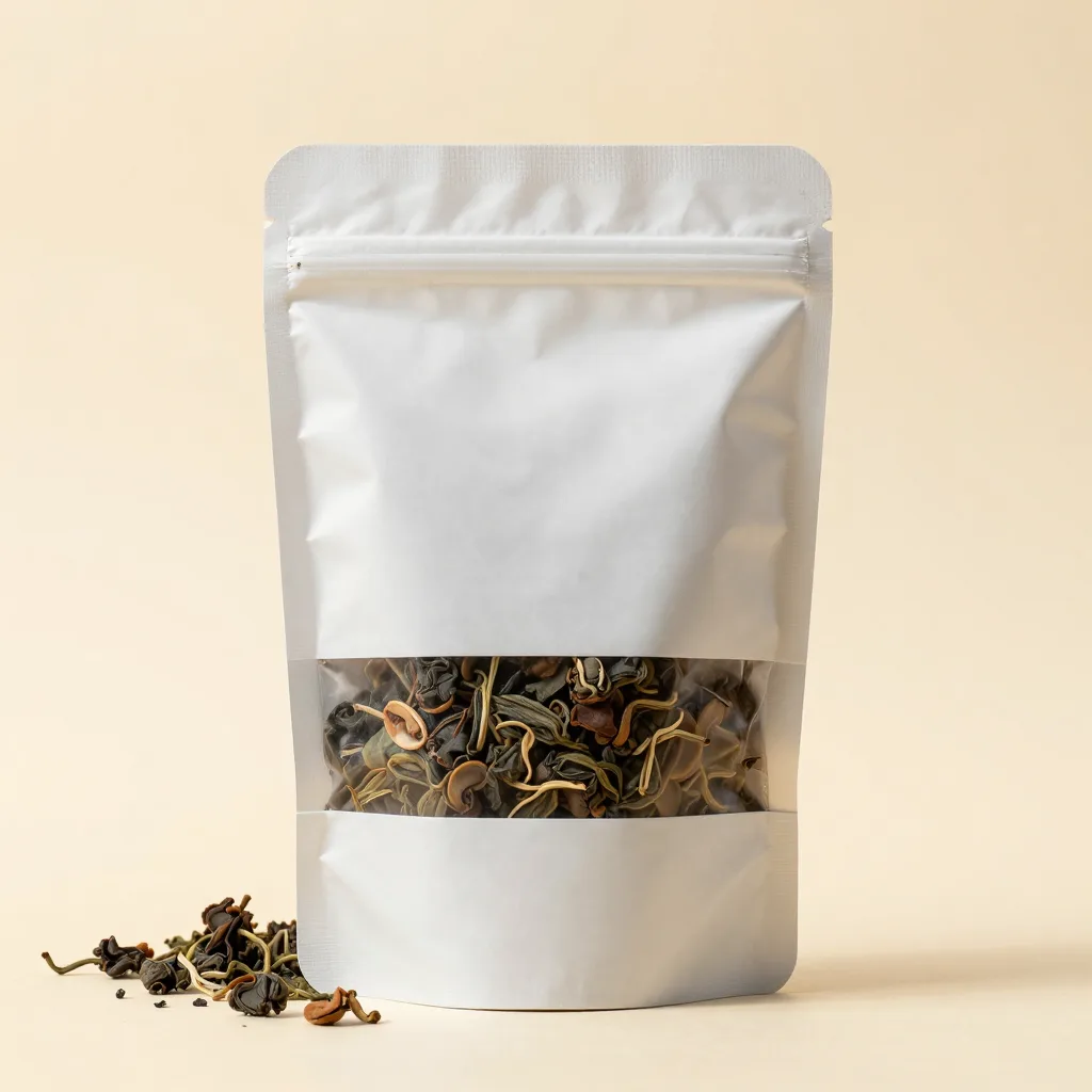 A pouch of light-roast oolong on a light background