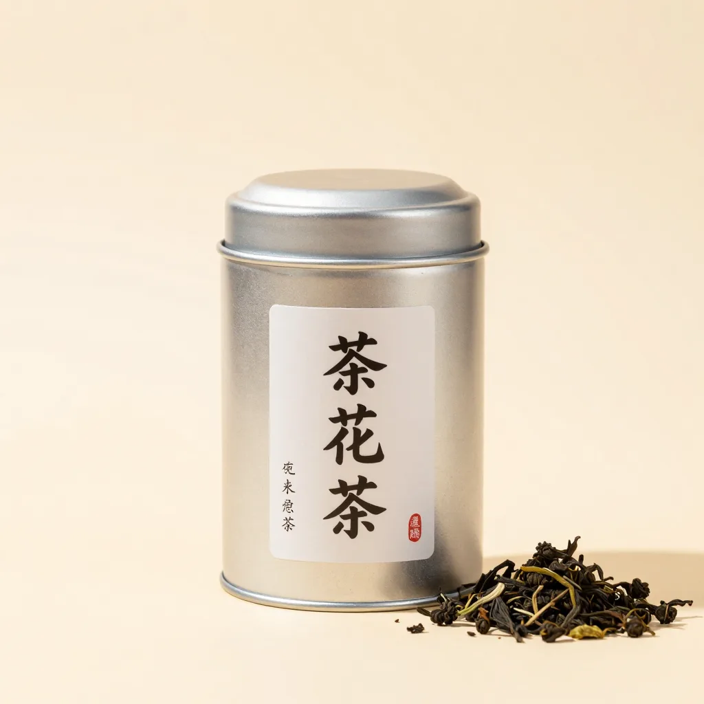 A tin canister of oolong tea on a light background