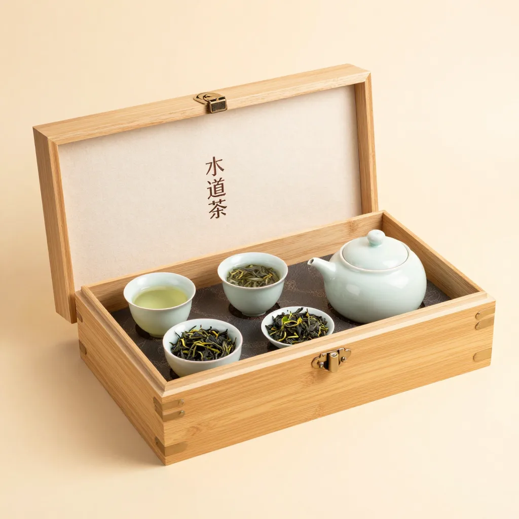 An oolong tea gift set in a wooden box on a light background
