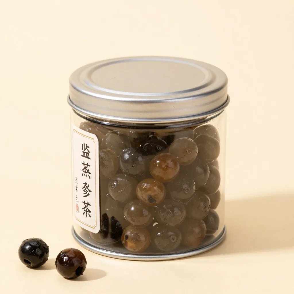 A tin canister of oolong pearls on a light background